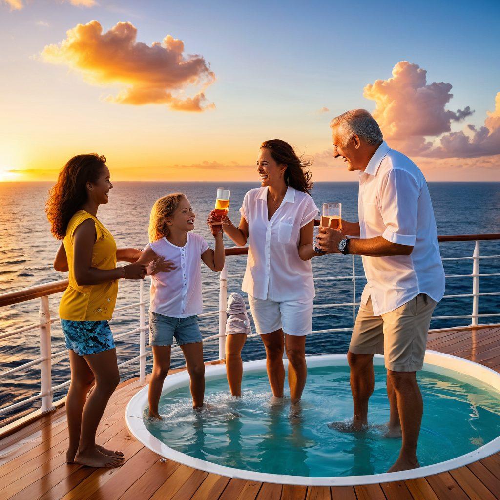 A vibrant and joyful scene of a multigenerational family enjoying a luxury cruise on a sun-kissed deck, laughing as they play games, with a backdrop of an endless ocean and a stunning sunset. Include elements like a tropical drink in hand, children splashing in a pool, and an elegant cruise ship in the background. The atmosphere should exude warmth and adventure, highlighting the bonds of family togetherness on the open sea. super-realistic. vibrant colors. sunset glow.