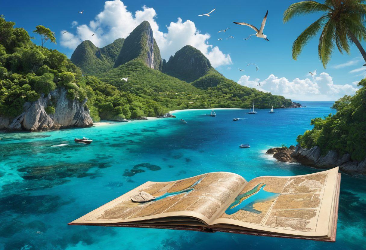 A vibrant scene of a sailboat gracefully gliding over sparkling turquoise waters, surrounded by lush tropical islands under a clear blue sky. In the foreground, a treasure map and travel journal lie open, inviting viewers to explore. The horizon showcases distant mountains, hinting at adventure ahead. Include playful seagulls soaring above and colorful marine life swimming below. super-realistic. vibrant colors. 3D.