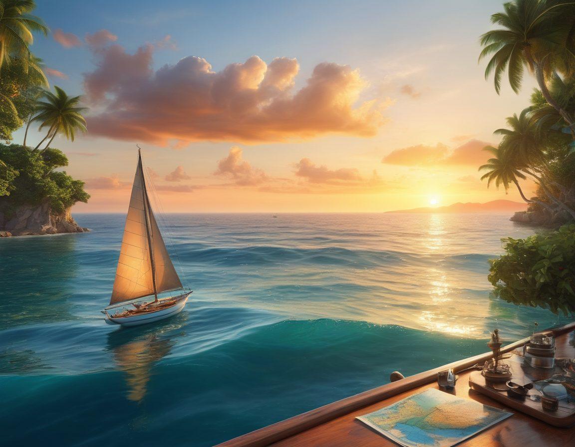 A serene sunset over a tranquil sea with a sailboat gracefully gliding across the water. The foreground features a detailed map and nautical tools, symbolizing planning, while the background showcases distant islands with lush greenery and playful dolphins leaping in the waves. The atmosphere feels adventurous and inviting, capturing the essence of a perfect sailing expedition. vibrant colors. super-realistic.